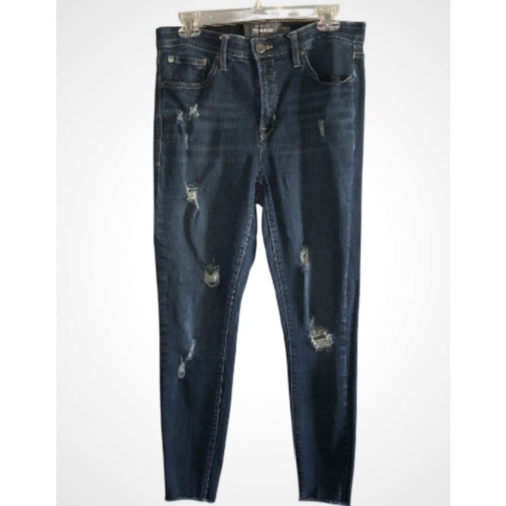 Torrid Dark Blue Distressed Sky High Waist Skinny Raw Hem Jeans Size 12R